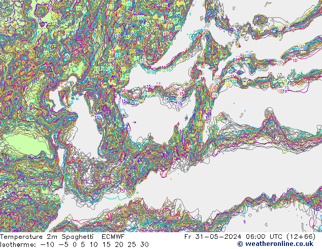 Temperatura 2m Spaghetti ECMWF ven 31.05.2024 06 UTC
