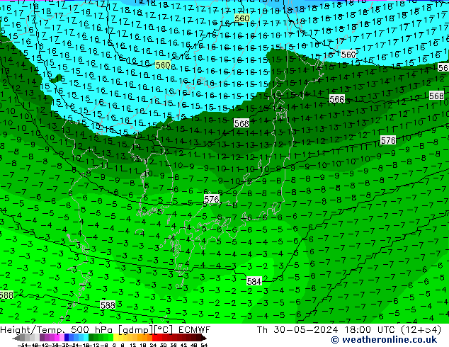 Hoogte/Temp. 500 hPa ECMWF do 30.05.2024 18 UTC