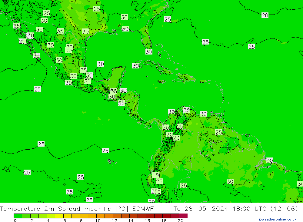 Temperature 2m Spread ECMWF Út 28.05.2024 18 UTC