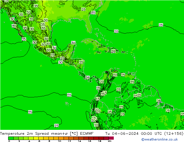 Temperature 2m Spread ECMWF Tu 04.06.2024 00 UTC