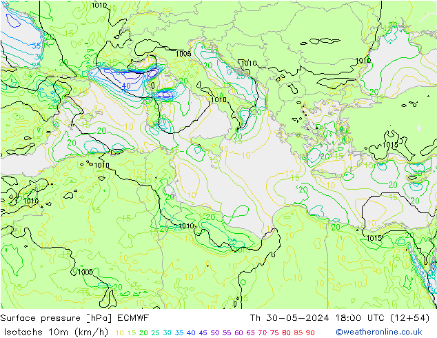 Isotachen (km/h) ECMWF do 30.05.2024 18 UTC