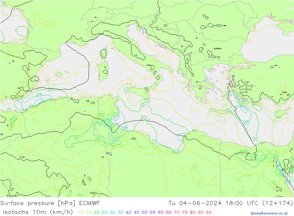 Isotachen (km/h) ECMWF di 04.06.2024 18 UTC