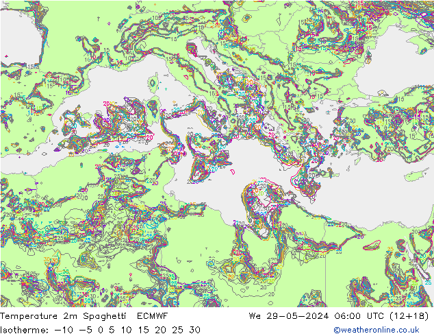 Temperature 2m Spaghetti ECMWF We 29.05.2024 06 UTC