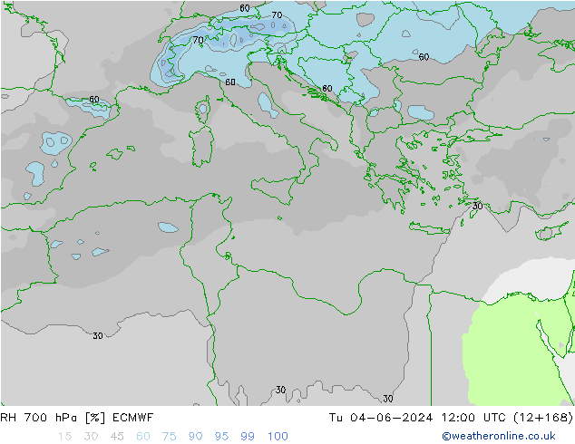 Humidité rel. 700 hPa ECMWF mar 04.06.2024 12 UTC