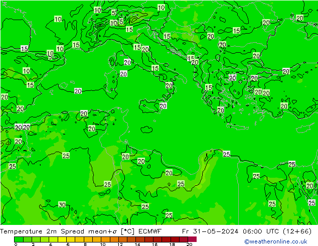 Temperatura 2m Spread ECMWF Sex 31.05.2024 06 UTC