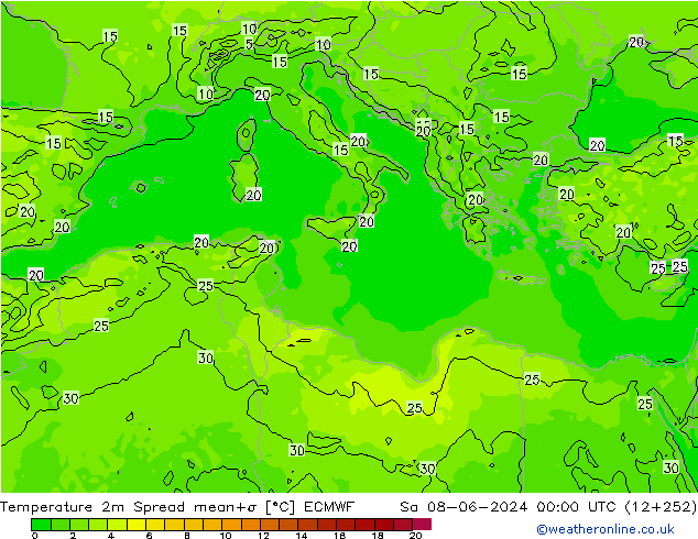Temperature 2m Spread ECMWF Sa 08.06.2024 00 UTC