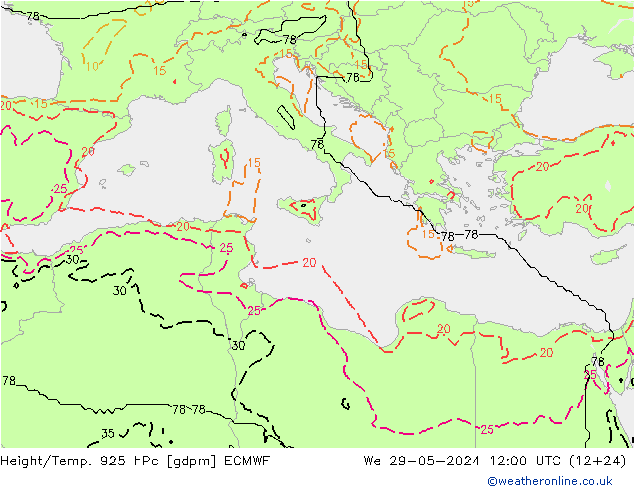 Height/Temp. 925 hPa ECMWF Qua 29.05.2024 12 UTC