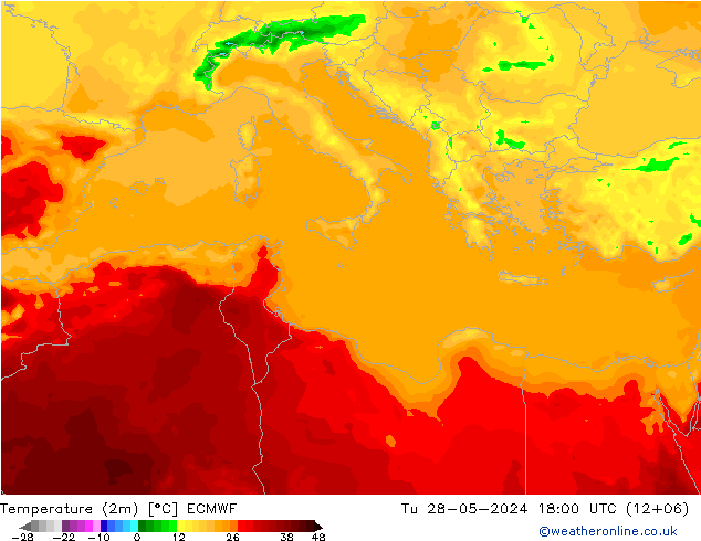 Temperature (2m) ECMWF Tu 28.05.2024 18 UTC