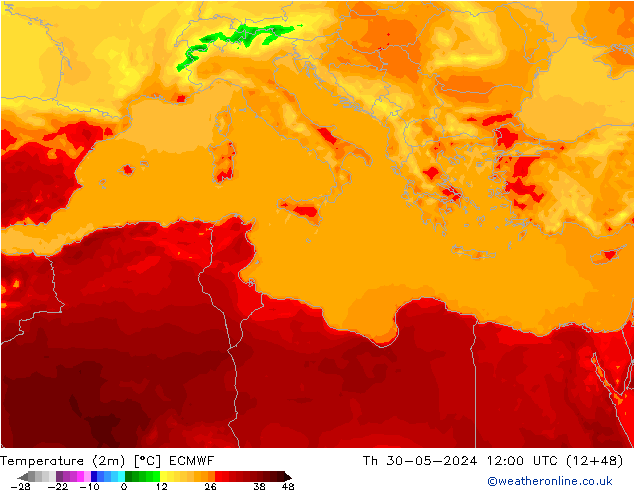 Temperature (2m) ECMWF Th 30.05.2024 12 UTC