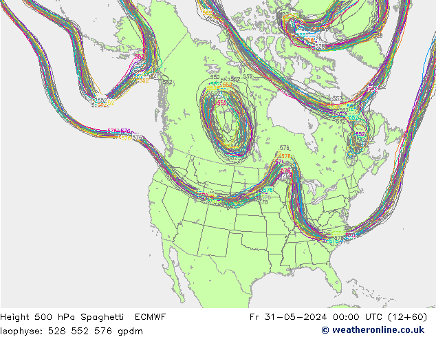 Height 500 hPa Spaghetti ECMWF Fr 31.05.2024 00 UTC