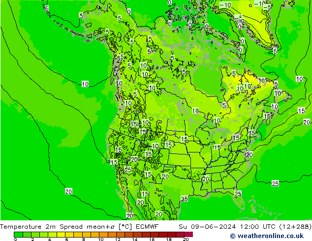 Temperatura 2m Spread ECMWF dom 09.06.2024 12 UTC