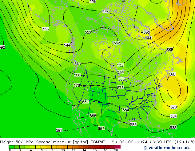 Hoogte 500 hPa Spread ECMWF zo 02.06.2024 00 UTC