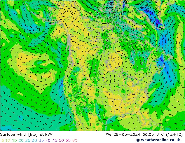 wiatr 10 m ECMWF śro. 29.05.2024 00 UTC