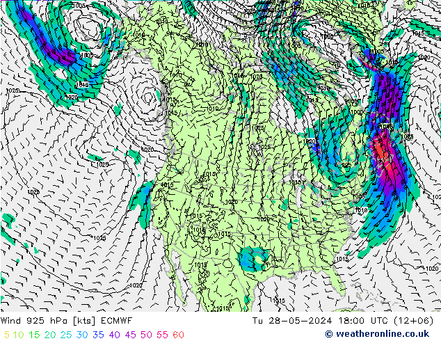 wiatr 925 hPa ECMWF wto. 28.05.2024 18 UTC