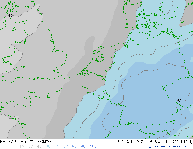 RH 700 гПа ECMWF Вс 02.06.2024 00 UTC