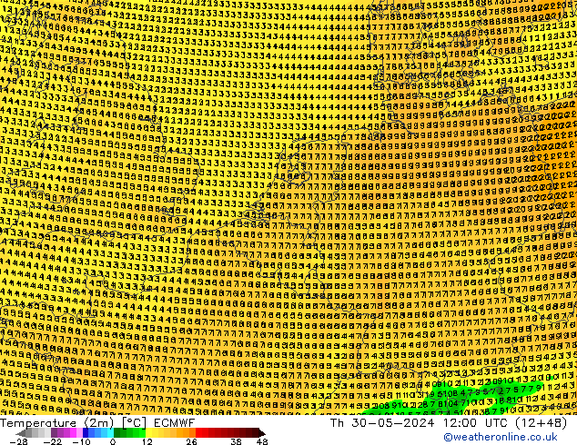 Temperatuurkaart (2m) ECMWF do 30.05.2024 12 UTC