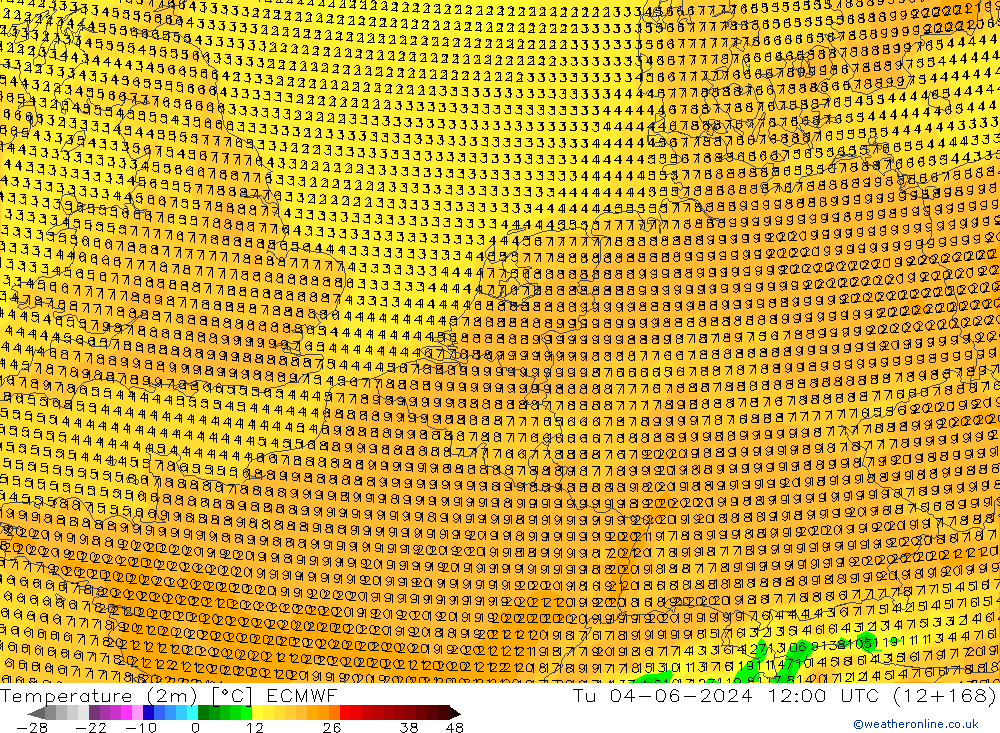 Temperature (2m) ECMWF Tu 04.06.2024 12 UTC