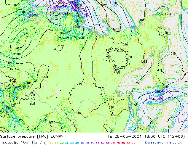 Isotachs (kph) ECMWF Tu 28.05.2024 18 UTC