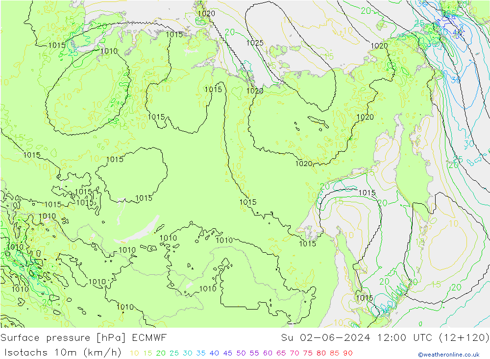 Isotachs (kph) ECMWF  02.06.2024 12 UTC