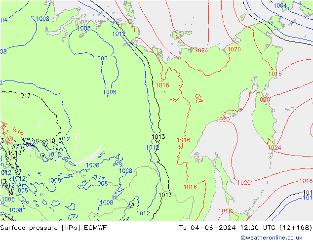 Surface pressure ECMWF Tu 04.06.2024 12 UTC