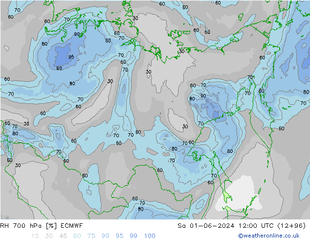 RH 700 hPa ECMWF Sáb 01.06.2024 12 UTC