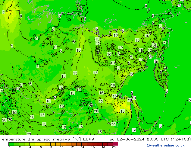 Temperature 2m Spread ECMWF Ne 02.06.2024 00 UTC