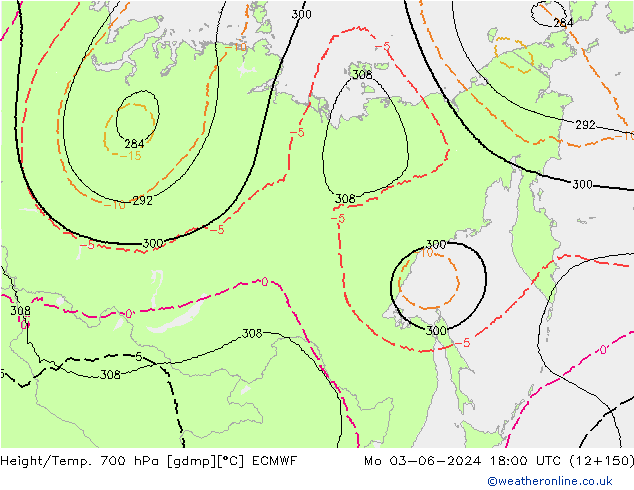 Height/Temp. 700 hPa ECMWF Po 03.06.2024 18 UTC