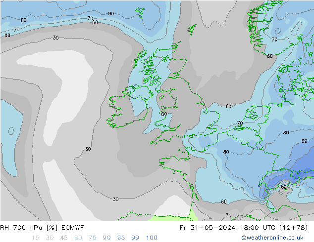 RH 700 hPa ECMWF Pá 31.05.2024 18 UTC