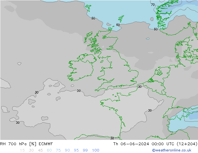 RH 700 hPa ECMWF Čt 06.06.2024 00 UTC