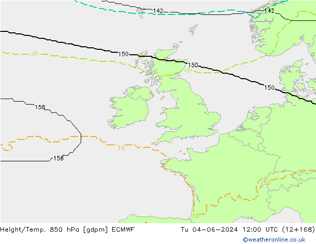 Height/Temp. 850 hPa ECMWF Út 04.06.2024 12 UTC