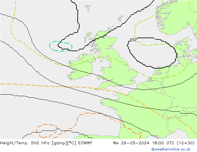 Geop./Temp. 500 hPa ECMWF mié 29.05.2024 18 UTC