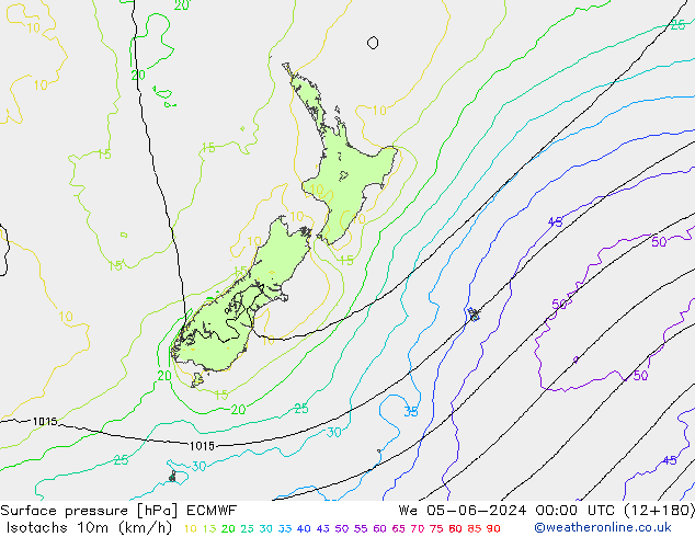 Isotachs (kph) ECMWF mer 05.06.2024 00 UTC