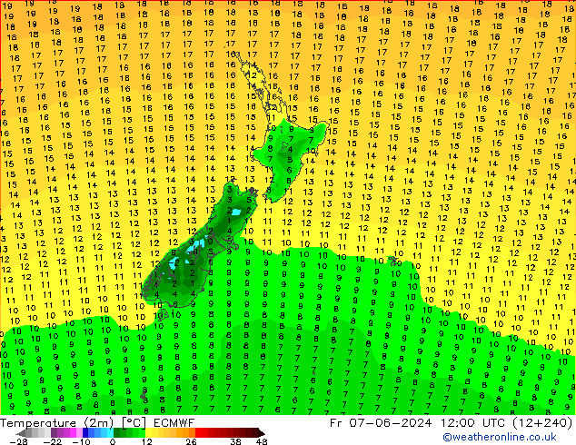 Temperature (2m) ECMWF Fr 07.06.2024 12 UTC