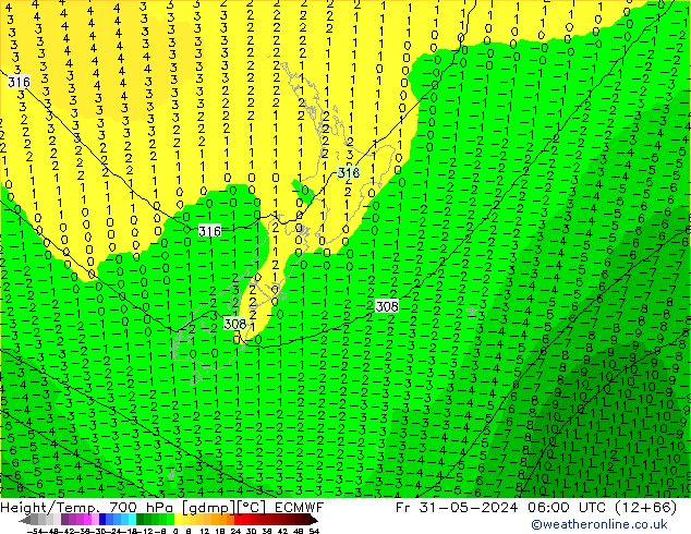 Hoogte/Temp. 700 hPa ECMWF vr 31.05.2024 06 UTC