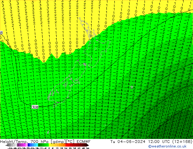 Hoogte/Temp. 700 hPa ECMWF di 04.06.2024 12 UTC