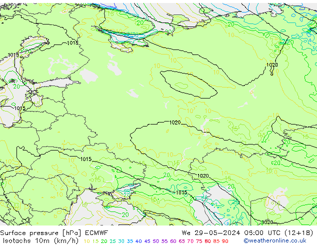 Isotachs (kph) ECMWF We 29.05.2024 06 UTC