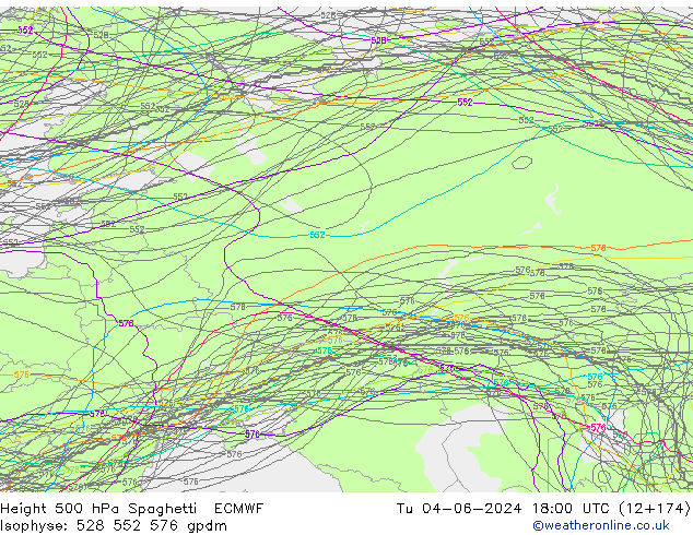 Height 500 hPa Spaghetti ECMWF Di 04.06.2024 18 UTC