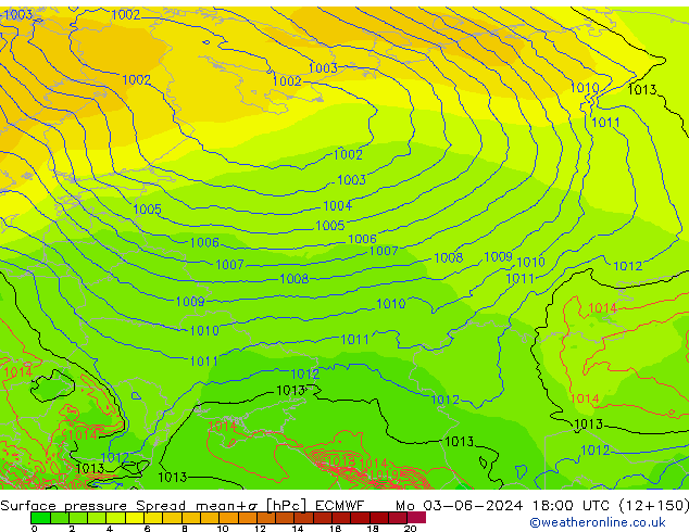 Surface pressure Spread ECMWF Mo 03.06.2024 18 UTC