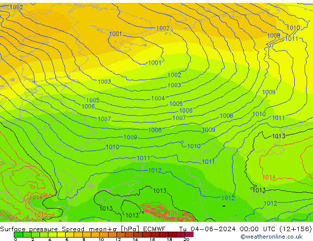 Atmosférický tlak Spread ECMWF Út 04.06.2024 00 UTC