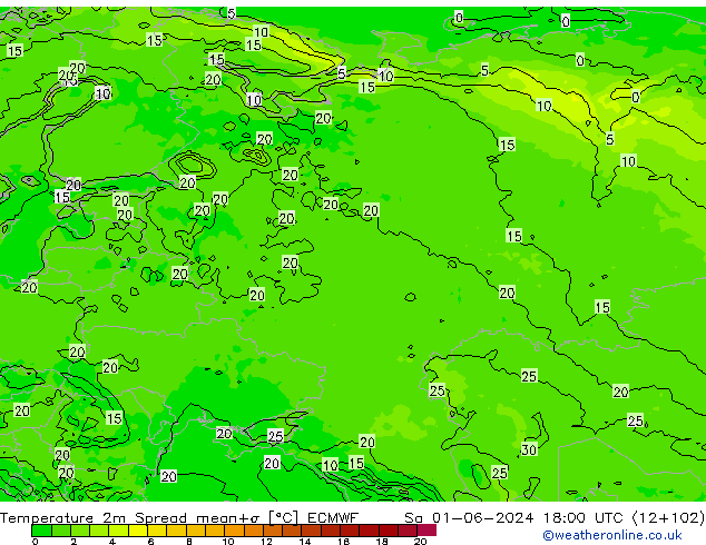 Temperature 2m Spread ECMWF Sa 01.06.2024 18 UTC