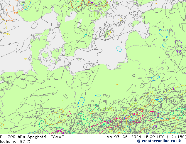 RH 700 hPa Spaghetti ECMWF Po 03.06.2024 18 UTC