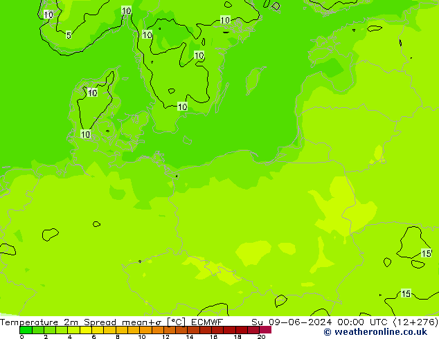 Temperature 2m Spread ECMWF Ne 09.06.2024 00 UTC