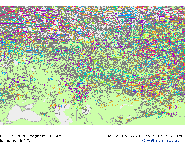 RH 700 hPa Spaghetti ECMWF Po 03.06.2024 18 UTC