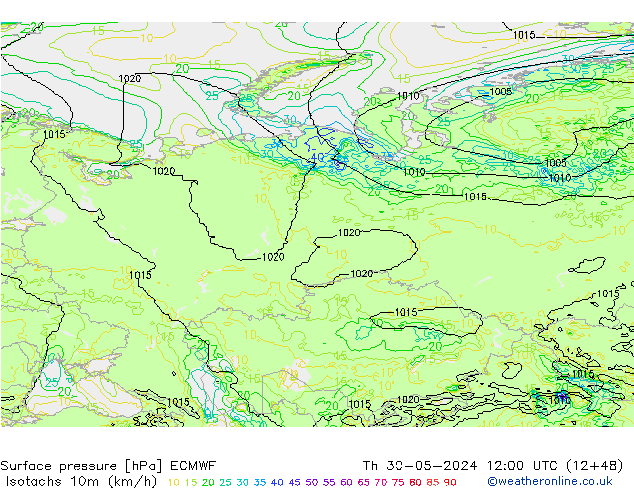 Izotacha (km/godz) ECMWF czw. 30.05.2024 12 UTC