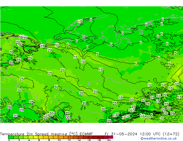 Temperature 2m Spread ECMWF Pá 31.05.2024 12 UTC