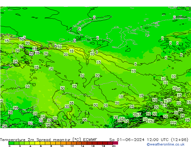Temperature 2m Spread ECMWF So 01.06.2024 12 UTC