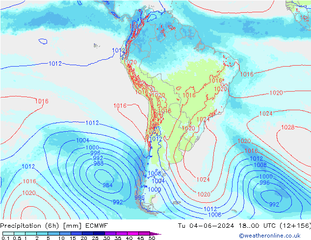 Precipitation (6h) ECMWF Út 04.06.2024 00 UTC