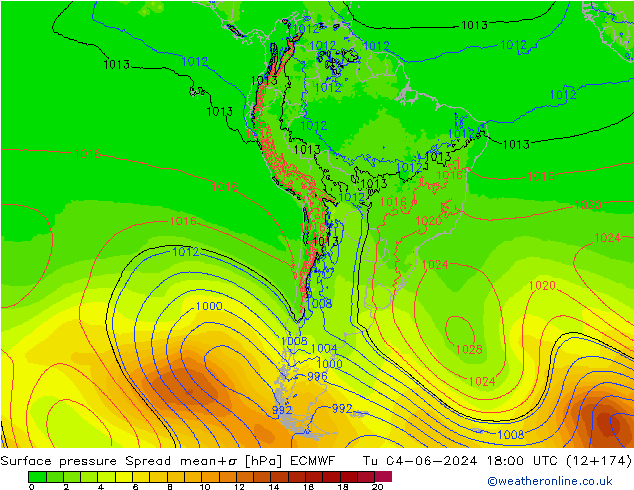 Luchtdruk op zeeniveau Spread ECMWF di 04.06.2024 18 UTC