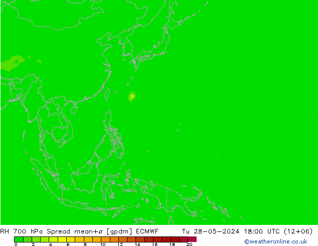 RH 700 hPa Spread ECMWF mar 28.05.2024 18 UTC