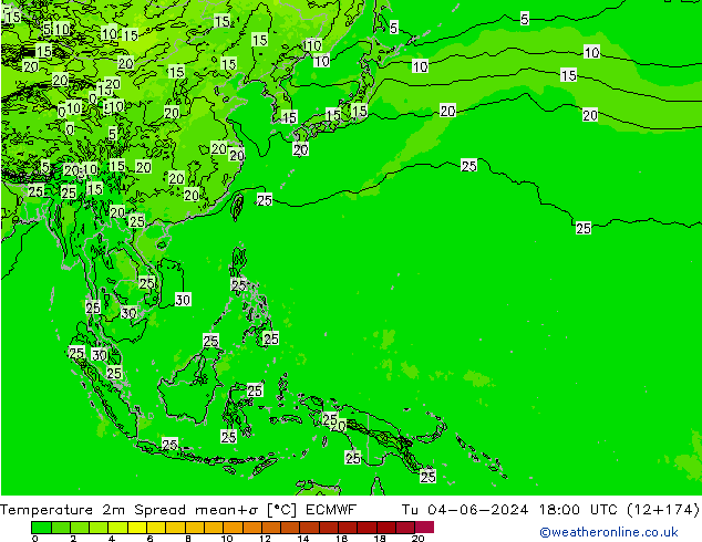 Temperature 2m Spread ECMWF Tu 04.06.2024 18 UTC